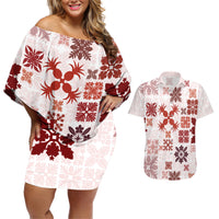 Vintage Hawaii Couples Matching Off Shoulder Short Dress and Hawaiian Shirt Hawaiian Quilt Kapa Mismatch Red LT7 - Wonder Print Shop