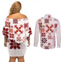 Vintage Hawaii Couples Matching Off Shoulder Short Dress and Long Sleeve Button Shirts Hawaiian Quilt Kapa Mismatch Red LT7 - Wonder Print Shop