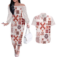 Vintage Hawaii Couples Matching Off The Shoulder Long Sleeve Dress and Hawaiian Shirt Hawaiian Quilt Kapa Mismatch Red LT7 - Wonder Print Shop