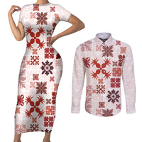 Vintage Hawaii Couples Matching Short Sleeve Bodycon Dress and Long Sleeve Button Shirts Hawaiian Quilt Kapa Mismatch Red LT7 - Wonder Print Shop