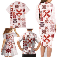 Vintage Hawaii Family Matching Long Sleeve Bodycon Dress and Hawaiian Shirt Hawaiian Quilt Kapa Mismatch Red LT7 - Wonder Print Shop