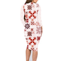 Vintage Hawaii Family Matching Long Sleeve Bodycon Dress and Hawaiian Shirt Hawaiian Quilt Kapa Mismatch Red LT7 - Wonder Print Shop