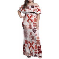 Vintage Hawaii Family Matching Off Shoulder Maxi Dress and Hawaiian Shirt Hawaiian Quilt Kapa Mismatch Red LT7 - Wonder Print Shop