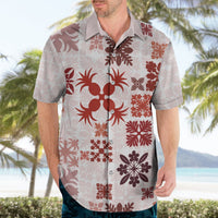 Red-and-cream Hawaiian button-up shirt, camp collar, short sleeves, allover floral print.