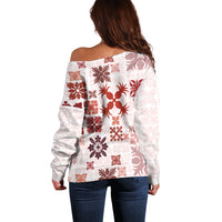 Vintage Hawaii Off Shoulder Sweater Hawaiian Quilt Kapa Mismatch Red - Wonder Print Shop