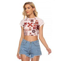 Vintage Hawaii Raglan Cropped T Shirt Hawaiian Quilt Kapa Mismatch Red - Wonder Print Shop