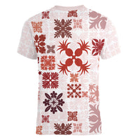 Vintage Hawaii Women V Neck T Shirt Hawaiian Quilt Kapa Mismatch Red - Wonder Print Shop