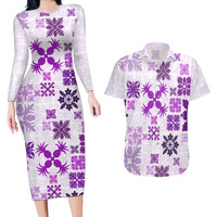Vintage Hawaii Couples Matching Long Sleeve Bodycon Dress and Hawaiian Shirt Hawaiian Quilt Kapa Mismatch Purple LT7 - Wonder Print Shop