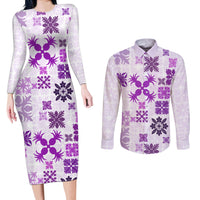 Vintage Hawaii Couples Matching Long Sleeve Bodycon Dress and Long Sleeve Button Shirts Hawaiian Quilt Kapa Mismatch Purple LT7 - Wonder Print Shop