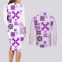 Vintage Hawaii Couples Matching Long Sleeve Bodycon Dress and Long Sleeve Button Shirts Hawaiian Quilt Kapa Mismatch Purple LT7 - Wonder Print Shop