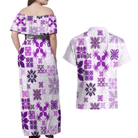Vintage Hawaii Couples Matching Off Shoulder Maxi Dress and Hawaiian Shirt Hawaiian Quilt Kapa Mismatch Purple LT7 - Wonder Print Shop