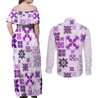 Vintage Hawaii Couples Matching Off Shoulder Maxi Dress and Long Sleeve Button Shirts Hawaiian Quilt Kapa Mismatch Purple LT7 - Wonder Print Shop