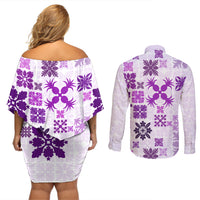 Vintage Hawaii Couples Matching Off Shoulder Short Dress and Long Sleeve Button Shirts Hawaiian Quilt Kapa Mismatch Purple LT7 - Wonder Print Shop