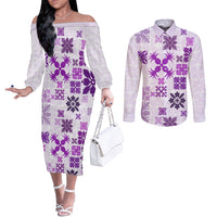 vintage-hawaii-couples-matching-off-the-shoulder-long-sleeve-dress-and-long-sleeve-button-shirts-hawaiian-quilt-kapa-mismatch-purple