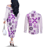 vintage-hawaii-couples-matching-off-the-shoulder-long-sleeve-dress-and-long-sleeve-button-shirts-hawaiian-quilt-kapa-mismatch-purple