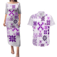 Vintage Hawaii Couples Matching Puletasi Dress and Hawaiian Shirt Hawaiian Quilt Kapa Mismatch Purple LT7 - Wonder Print Shop