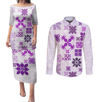 Vintage Hawaii Couples Matching Puletasi Dress and Long Sleeve Button Shirts Hawaiian Quilt Kapa Mismatch Purple LT7 - Wonder Print Shop