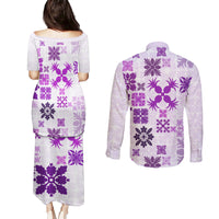 Vintage Hawaii Couples Matching Puletasi Dress and Long Sleeve Button Shirts Hawaiian Quilt Kapa Mismatch Purple LT7 - Wonder Print Shop