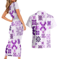 Vintage Hawaii Couples Matching Short Sleeve Bodycon Dress and Hawaiian Shirt Hawaiian Quilt Kapa Mismatch Purple LT7 - Wonder Print Shop