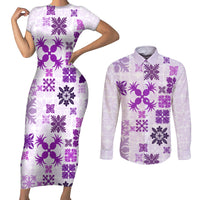 Vintage Hawaii Couples Matching Short Sleeve Bodycon Dress and Long Sleeve Button Shirts Hawaiian Quilt Kapa Mismatch Purple LT7 - Wonder Print Shop