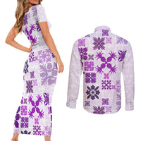 Vintage Hawaii Couples Matching Short Sleeve Bodycon Dress and Long Sleeve Button Shirts Hawaiian Quilt Kapa Mismatch Purple LT7 - Wonder Print Shop