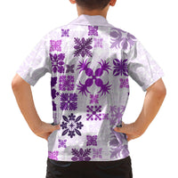 Vintage Hawaii Family Matching Off Shoulder Long Sleeve Dress and Hawaiian Shirt Hawaiian Quilt Kapa Mismatch Purple - Wonder Print Shop