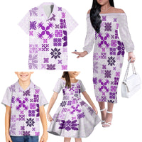Vintage Hawaii Family Matching Off Shoulder Long Sleeve Dress and Hawaiian Shirt Hawaiian Quilt Kapa Mismatch Purple - Wonder Print Shop