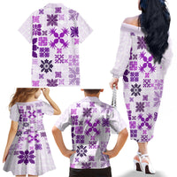 Vintage Hawaii Family Matching Off Shoulder Long Sleeve Dress and Hawaiian Shirt Hawaiian Quilt Kapa Mismatch Purple - Wonder Print Shop