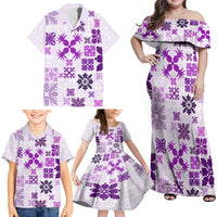 Vintage Hawaii Family Matching Off Shoulder Maxi Dress and Hawaiian Shirt Hawaiian Quilt Kapa Mismatch Purple LT7 - Wonder Print Shop