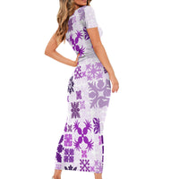 Vintage Hawaii Family Matching Short Sleeve Bodycon Dress and Hawaiian Shirt Hawaiian Quilt Kapa Mismatch Purple - Wonder Print Shop