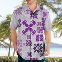 Purple Hawaiian shirt on model, short sleeves, button-up collar with tropical floral print