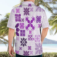 Purple Hawaiian shirt on model, back view, short sleeves with tropical floral print