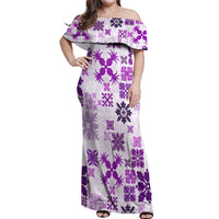 Vintage Hawaii Off Shoulder Maxi Dress Hawaiian Quilt Kapa Mismatch Purple - Wonder Print Shop