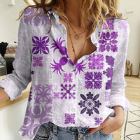 Vintage Hawaii Women Casual Shirt Hawaiian Quilt Kapa Mismatch Purple - Wonder Print Shop