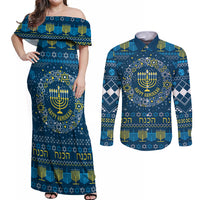 Happy Hanukkah Couples Matching Off Shoulder Maxi Dress and Long Sleeve Button Shirt Love and Lights Menorah LT7 - Wonder Print Shop