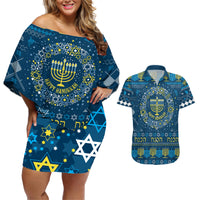Happy Hanukkah Couples Matching Off Shoulder Short Dress and Hawaiian Shirt Love and Lights Menorah LT7 - Wonder Print Shop
