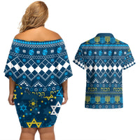 Happy Hanukkah Couples Matching Off Shoulder Short Dress and Hawaiian Shirt Love and Lights Menorah LT7 - Wonder Print Shop