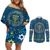 Happy Hanukkah Couples Matching Off Shoulder Short Dress and Long Sleeve Button Shirt Love and Lights Menorah LT7 - Wonder Print Shop