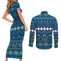 Happy Hanukkah Couples Matching Short Sleeve Bodycon Dress and Long Sleeve Button Shirt Love and Lights Menorah LT7 - Wonder Print Shop