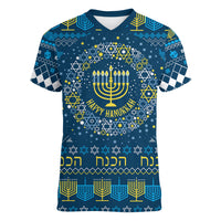 Happy Hanukkah Women V Neck T Shirt Love and Lights Menorah - Wonder Print Shop
