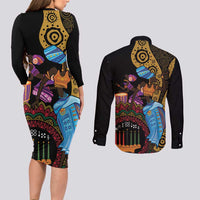 Happy Kwanzaa African Couples Matching Long Sleeve Bodycon Dress and Long Sleeve Button Shirt Tribal Dance LT7 - Wonder Print Shop
