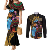 Happy Kwanzaa African Couples Matching Mermaid Dress and Long Sleeve Button Shirt Tribal Dance