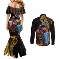 Happy Kwanzaa African Couples Matching Mermaid Dress and Long Sleeve Button Shirt Tribal Dance