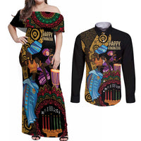 Happy Kwanzaa African Couples Matching Off Shoulder Maxi Dress and Long Sleeve Button Shirt Tribal Dance LT7 - Wonder Print Shop
