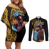 Happy Kwanzaa African Couples Matching Off Shoulder Short Dress and Long Sleeve Button Shirt Tribal Dance LT7 - Wonder Print Shop