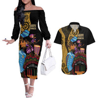 Happy Kwanzaa African Couples Matching Off The Shoulder Long Sleeve Dress and Hawaiian Shirt Tribal Dance LT7 - Wonder Print Shop