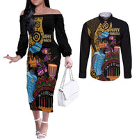 Happy Kwanzaa African Couples Matching Off The Shoulder Long Sleeve Dress and Long Sleeve Button Shirt Tribal Dance