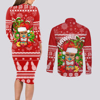 Hawaii Tiki Christmas Couples Matching Long Sleeve Bodycon Dress and Long Sleeve Button Shirt Mele Kalikimaka LT7 - Wonder Print Shop