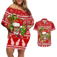 Hawaii Tiki Christmas Couples Matching Off Shoulder Short Dress and Hawaiian Shirt Mele Kalikimaka LT7 - Wonder Print Shop