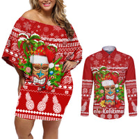 Hawaii Tiki Christmas Couples Matching Off Shoulder Short Dress and Long Sleeve Button Shirt Mele Kalikimaka LT7 - Wonder Print Shop